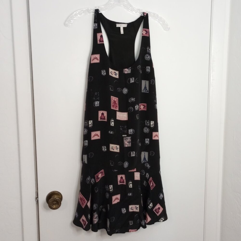 Joie Arianna Black Silk Travel Stamp Racerback Flounce Hem Dress